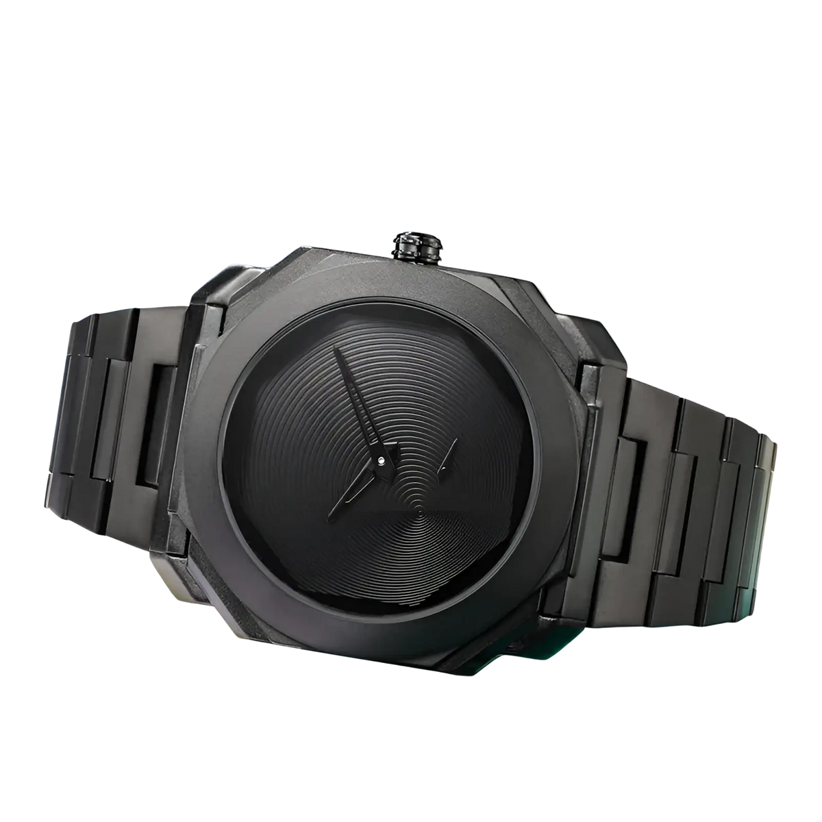 Men’s luxury octagonal stainless steel quartz watch with black matte finish and subtle radial dial texture