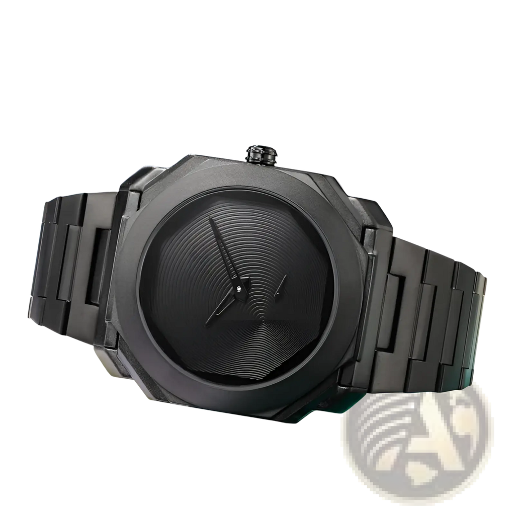 Men’s luxury octagonal stainless steel quartz watch with black matte finish and subtle radial dial texture