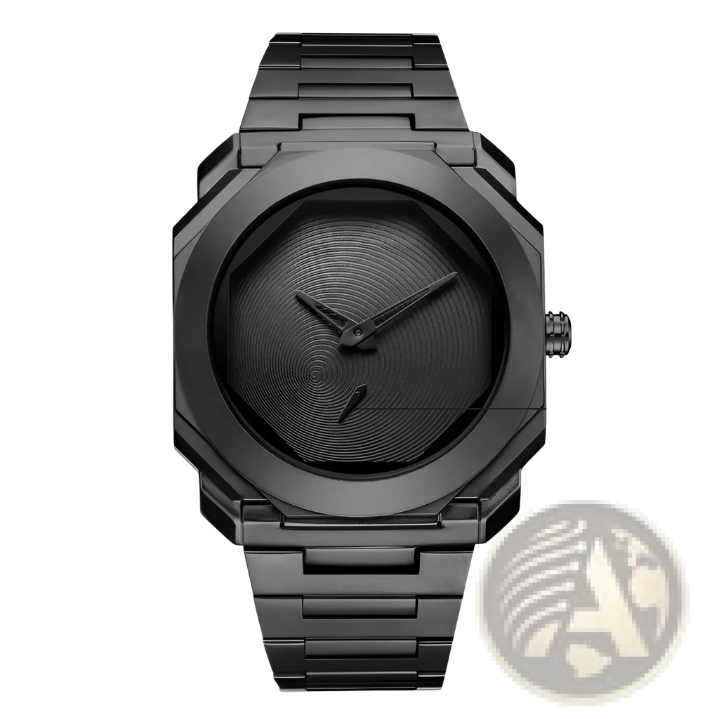 Men’s luxury octagonal stainless steel quartz watch in black metal with a textured dial and concentric circular patterns