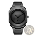 Men’s luxury octagonal stainless steel quartz watch in black metal with a textured dial and concentric circular patterns
