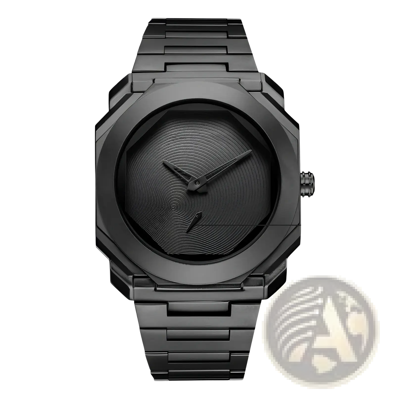 Men’s luxury octagonal stainless steel quartz watch in black metal with a textured dial and concentric circular patterns