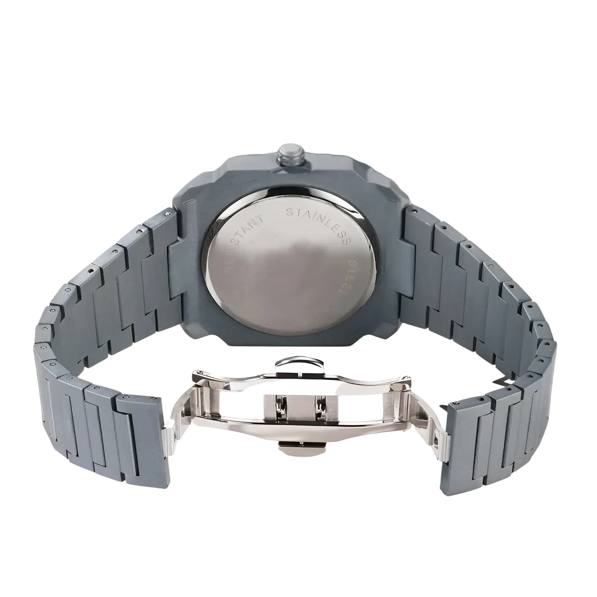 Men’s luxury octagonal stainless steel quartz watch in gray with sleek modern design and polished metal clasp