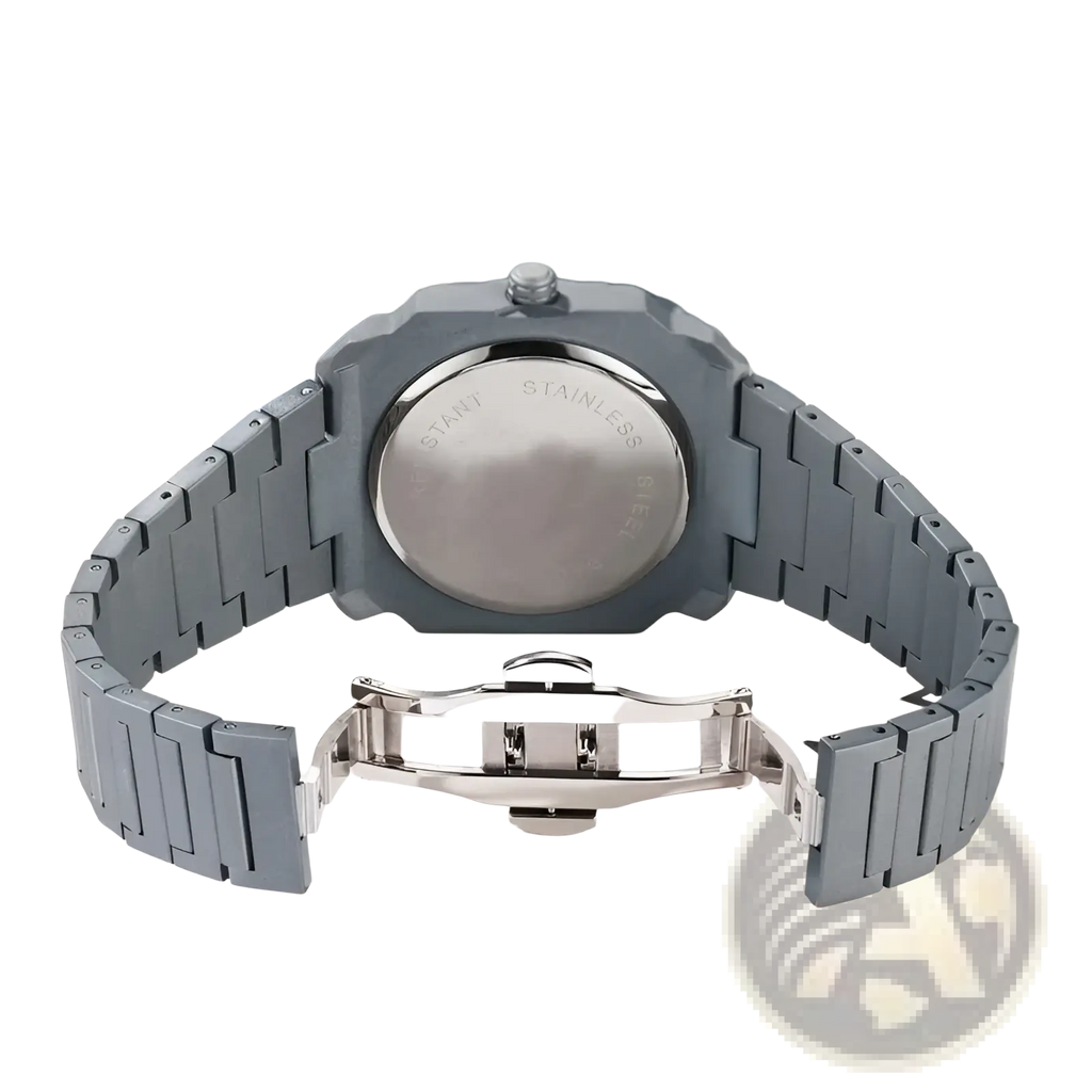 Men’s luxury octagonal stainless steel quartz watch in gray with sleek modern design and polished metal clasp