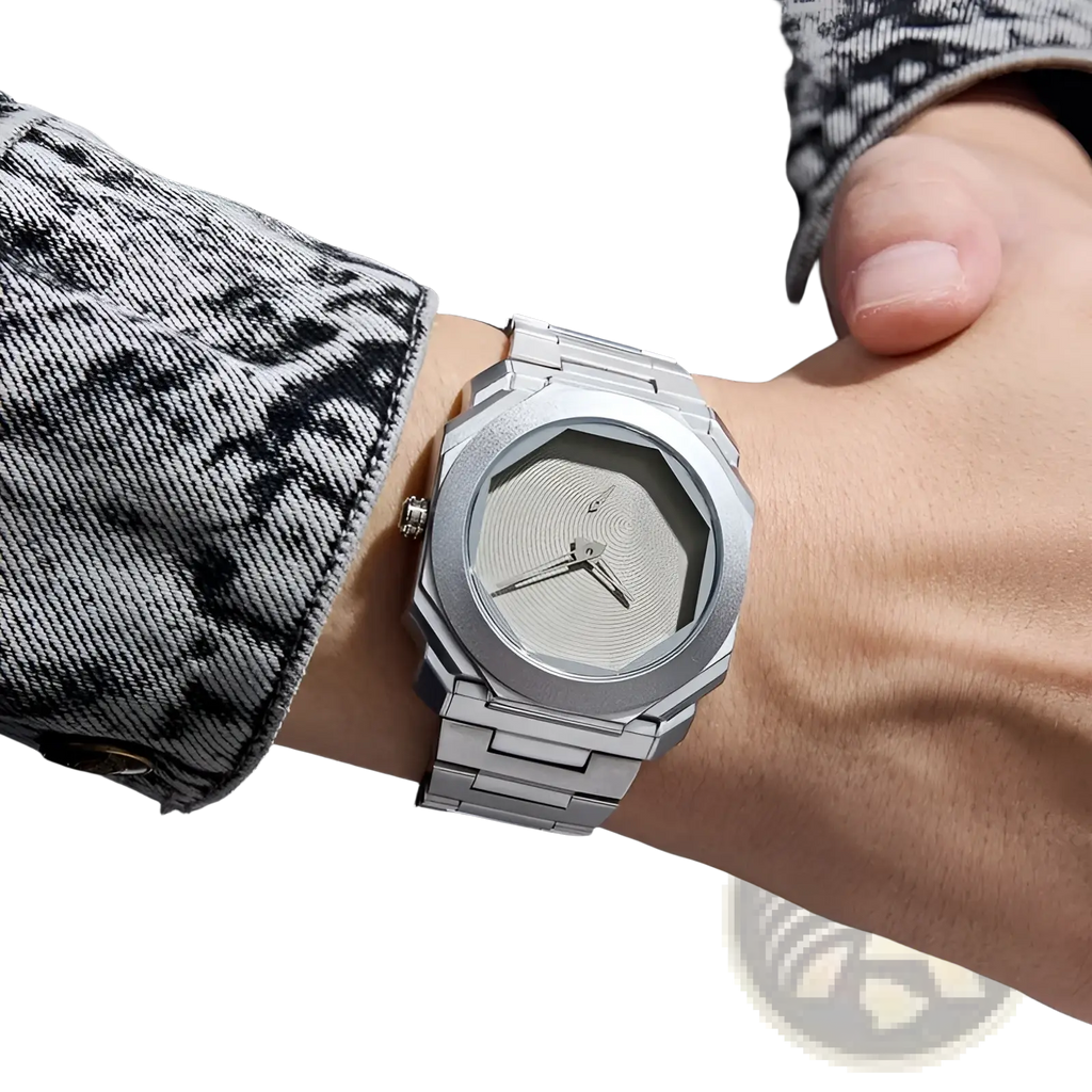 Silver men’s luxury octagonal stainless steel quartz watch with textured light gray dial and metallic bracelet
