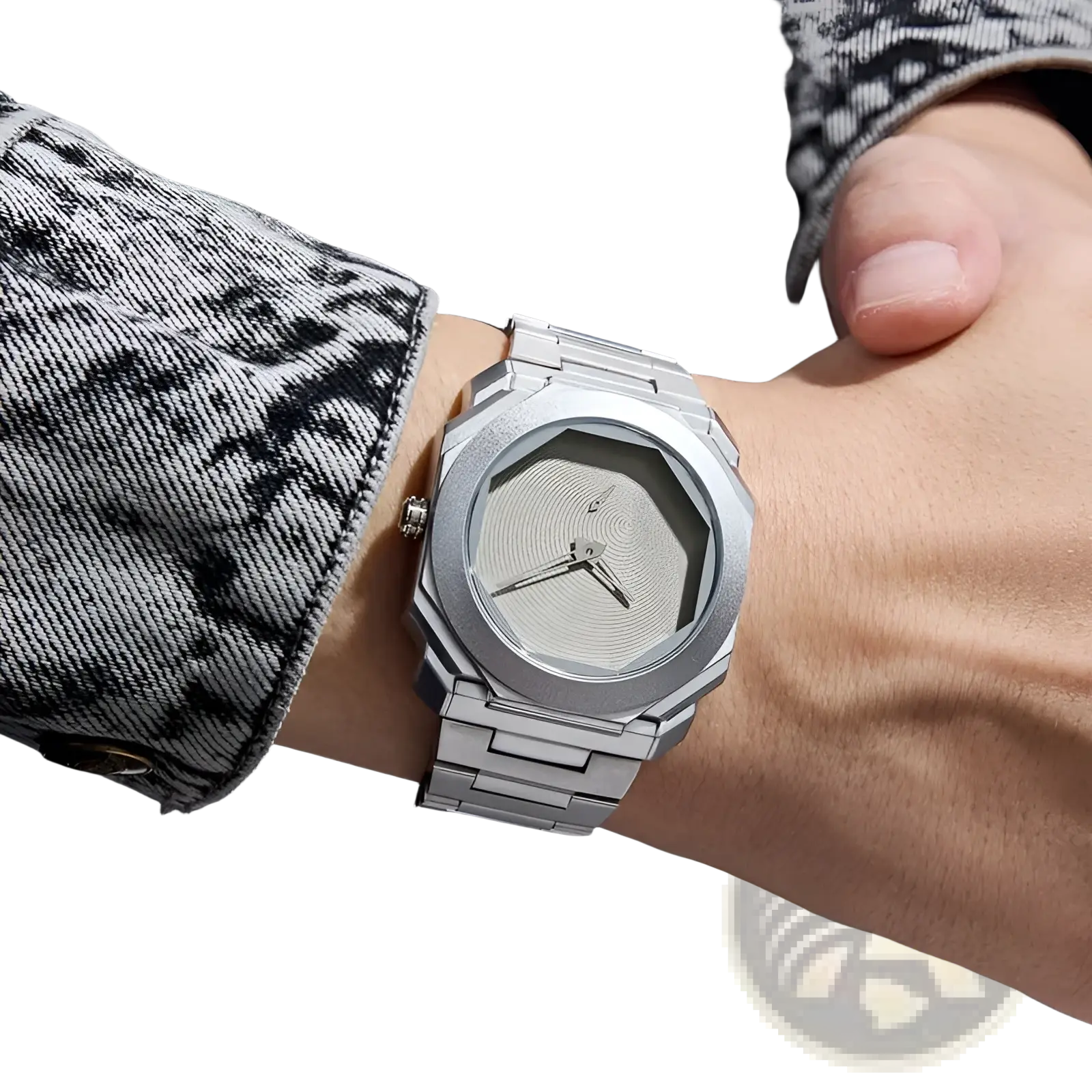Silver men’s luxury octagonal stainless steel quartz watch with textured light gray dial and metallic bracelet