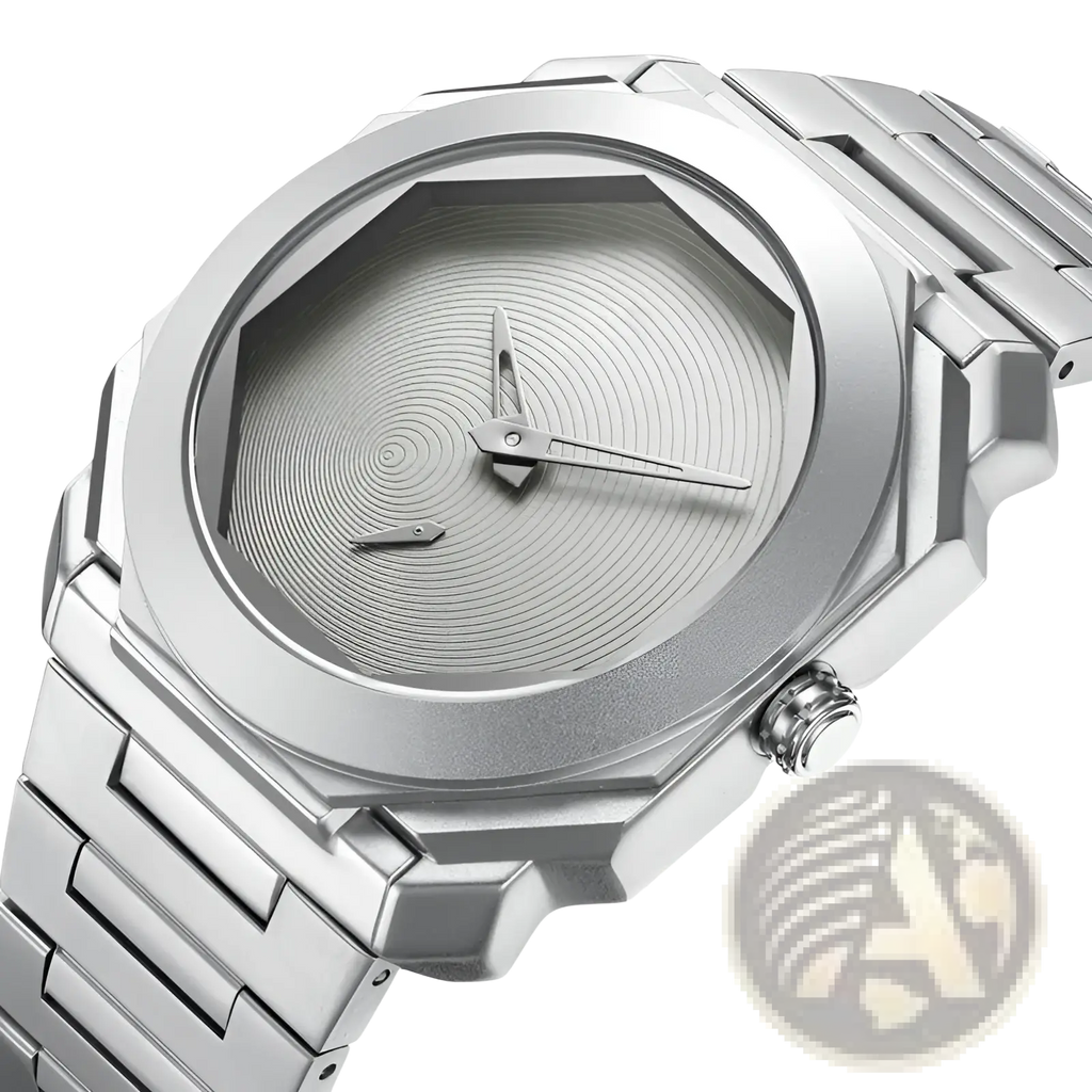 Men’s luxury octagonal stainless steel quartz watch with silver-toned brushed metal band and concentric dial patterns