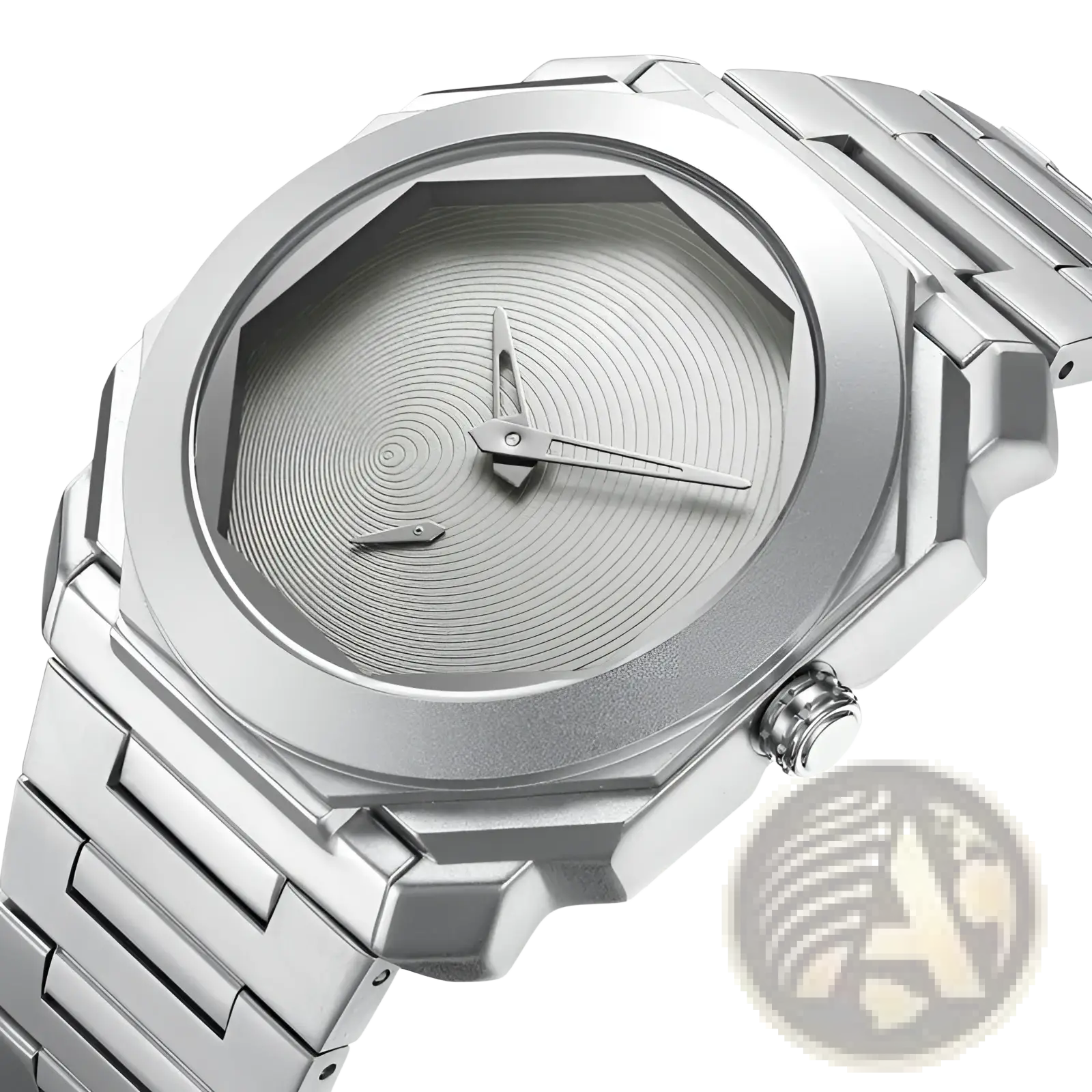 Men’s luxury octagonal stainless steel quartz watch with silver-toned brushed metal band and concentric dial patterns