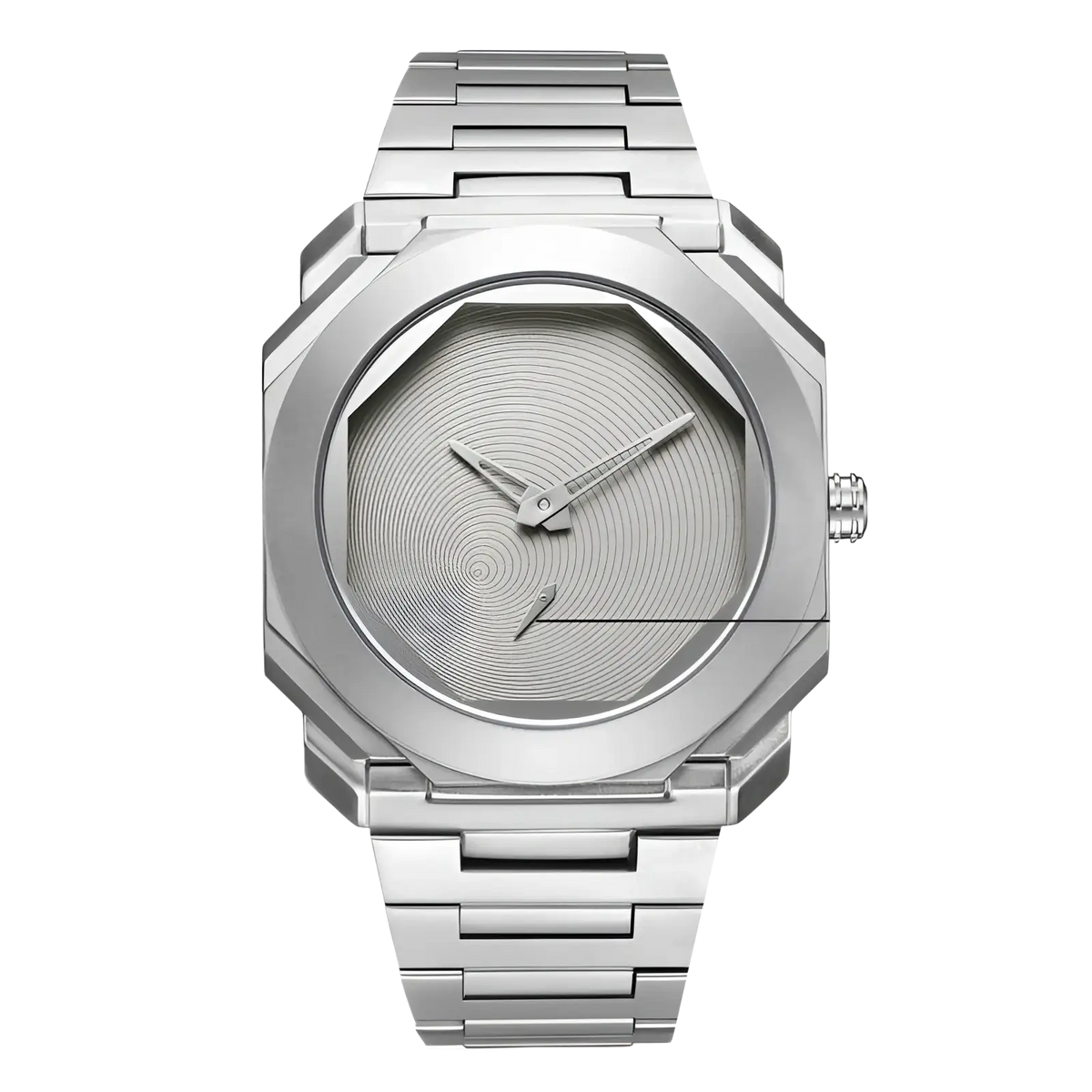 Men’s luxury octagonal stainless steel quartz watch with silver-toned brushed metal band and concentric circular grooves