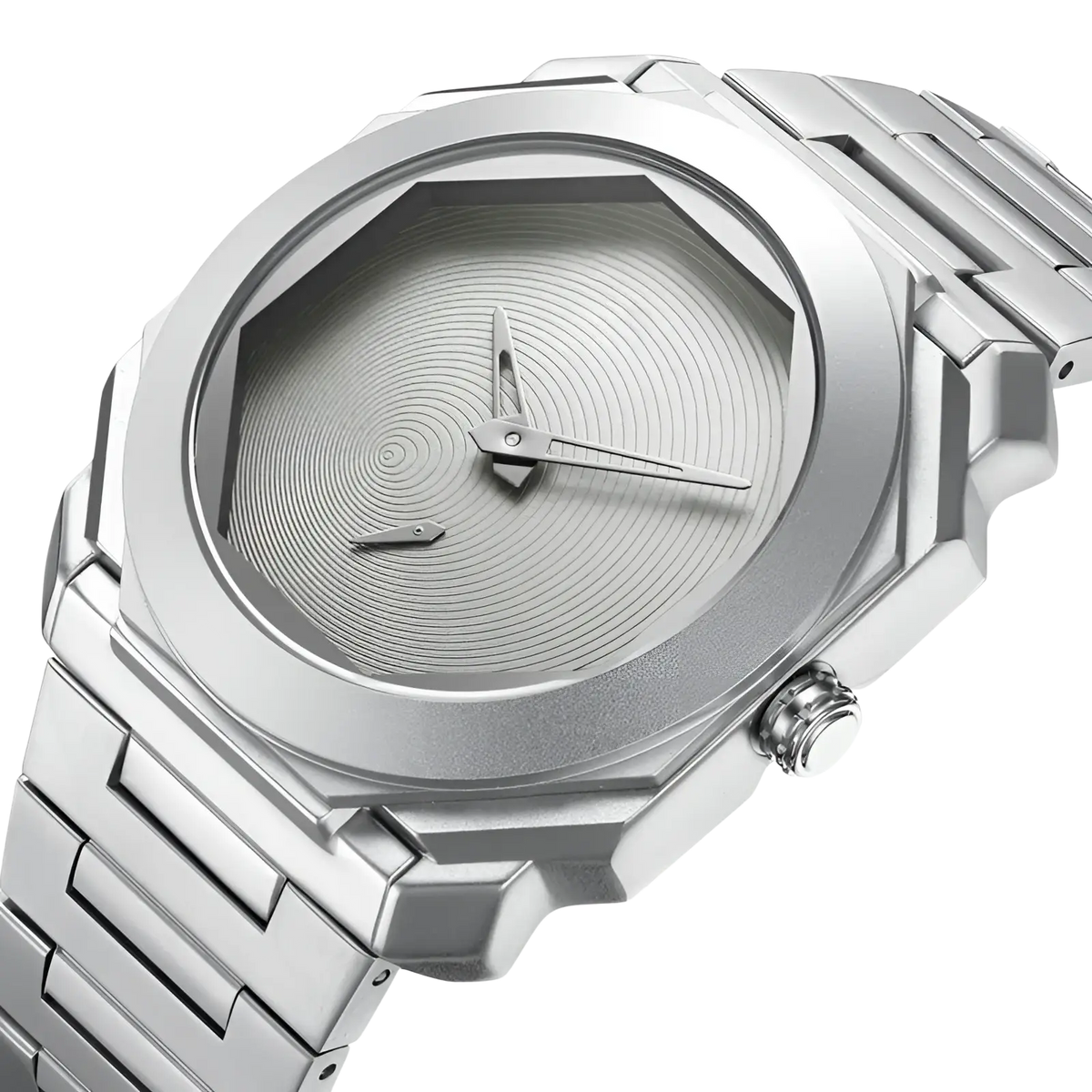 Men’s luxury octagonal stainless steel quartz watch with silver-toned brushed metal band and concentric dial patterns