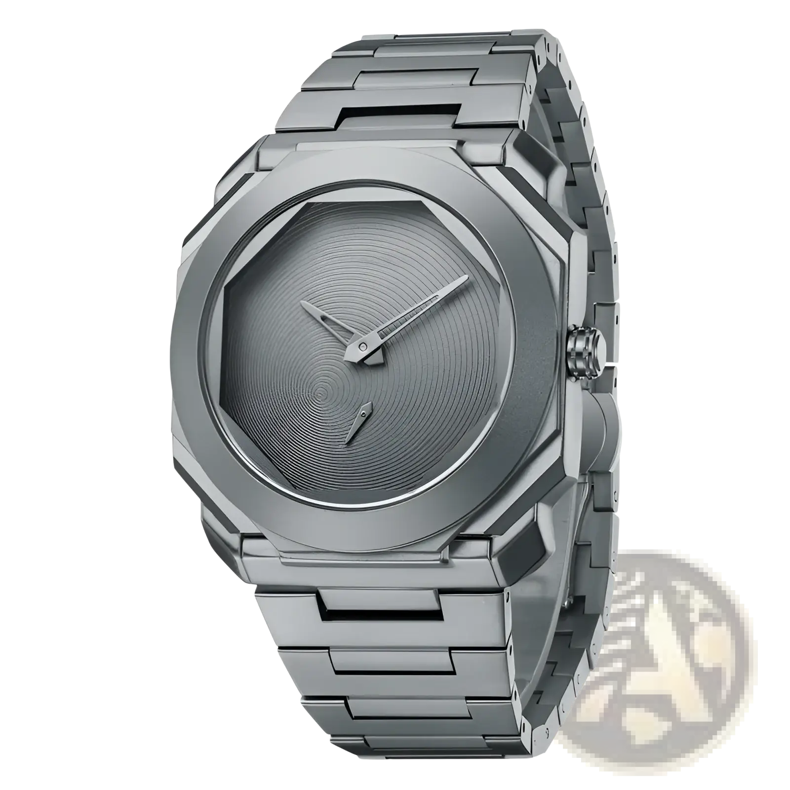 Men’s luxury octagonal stainless steel quartz watch in metallic gray with a textured dial featuring concentric circles