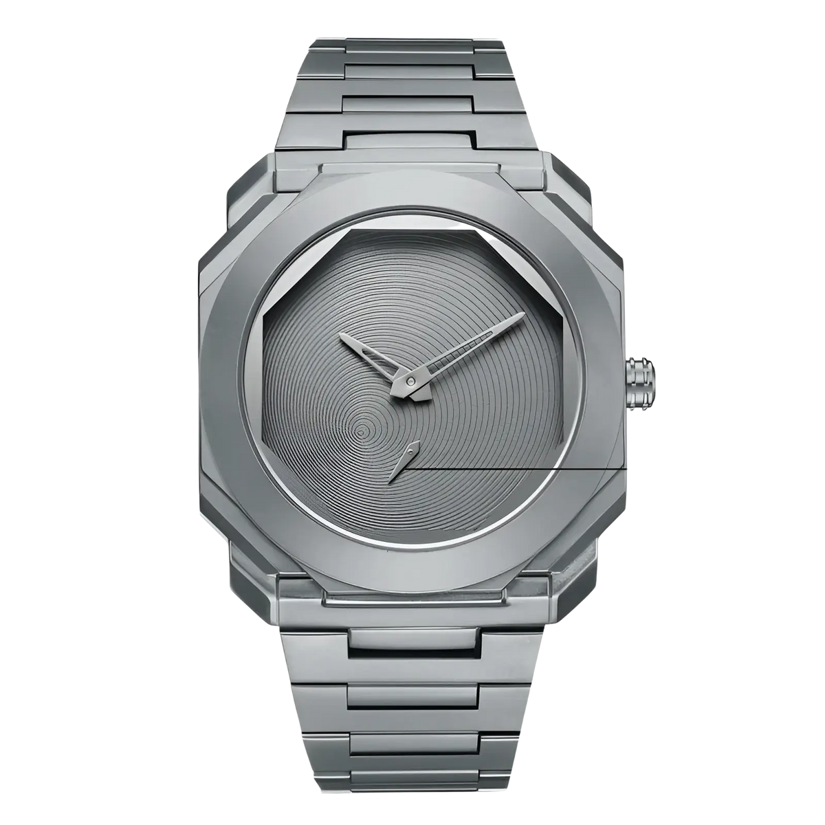 Men’s luxury octagonal stainless steel quartz watch in silver with brushed metal band and concentric circular grooves