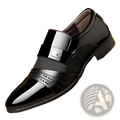 Men’s luxury pointed toe dress shoes in black patent leather with glossy finish mesh paneling and silver buckle strap