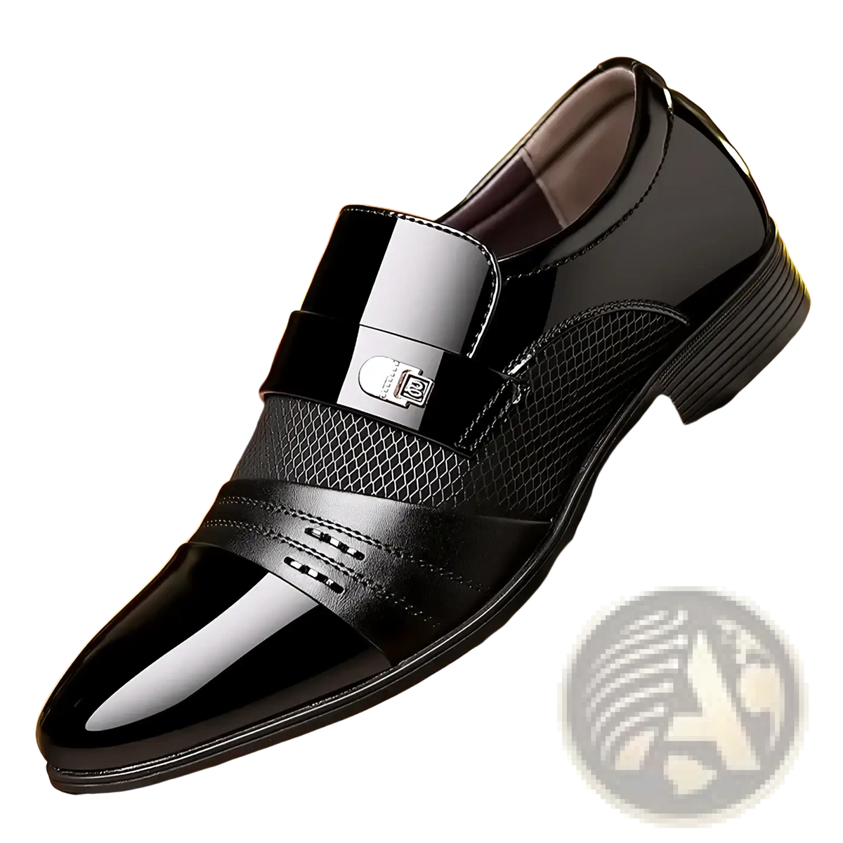 Men’s luxury pointed toe dress shoes in black patent leather with glossy finish mesh paneling and silver buckle strap