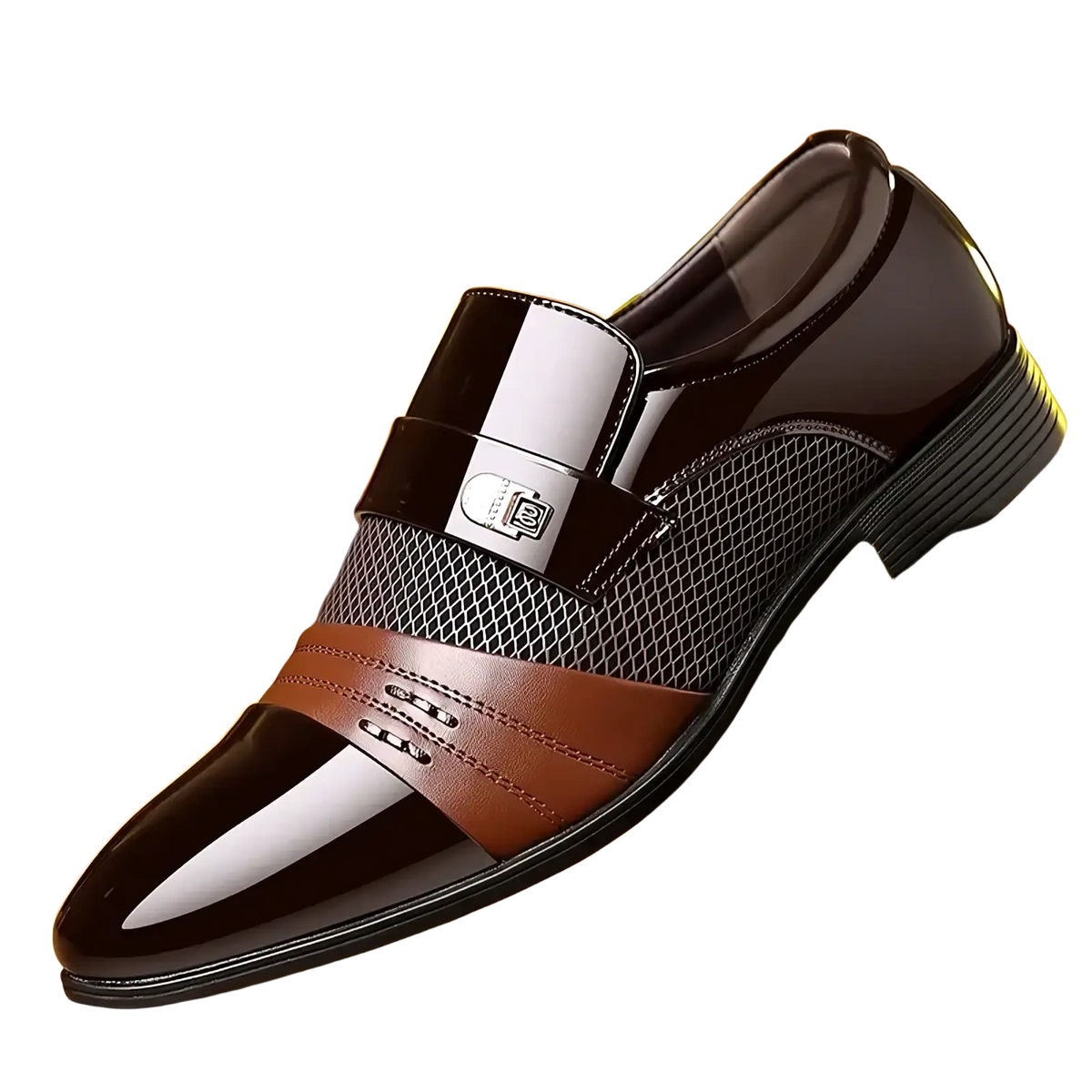 Men’s luxury pointed toe dress shoes in black and brown patent leather with mesh panel, silver buckle, and stitched accents