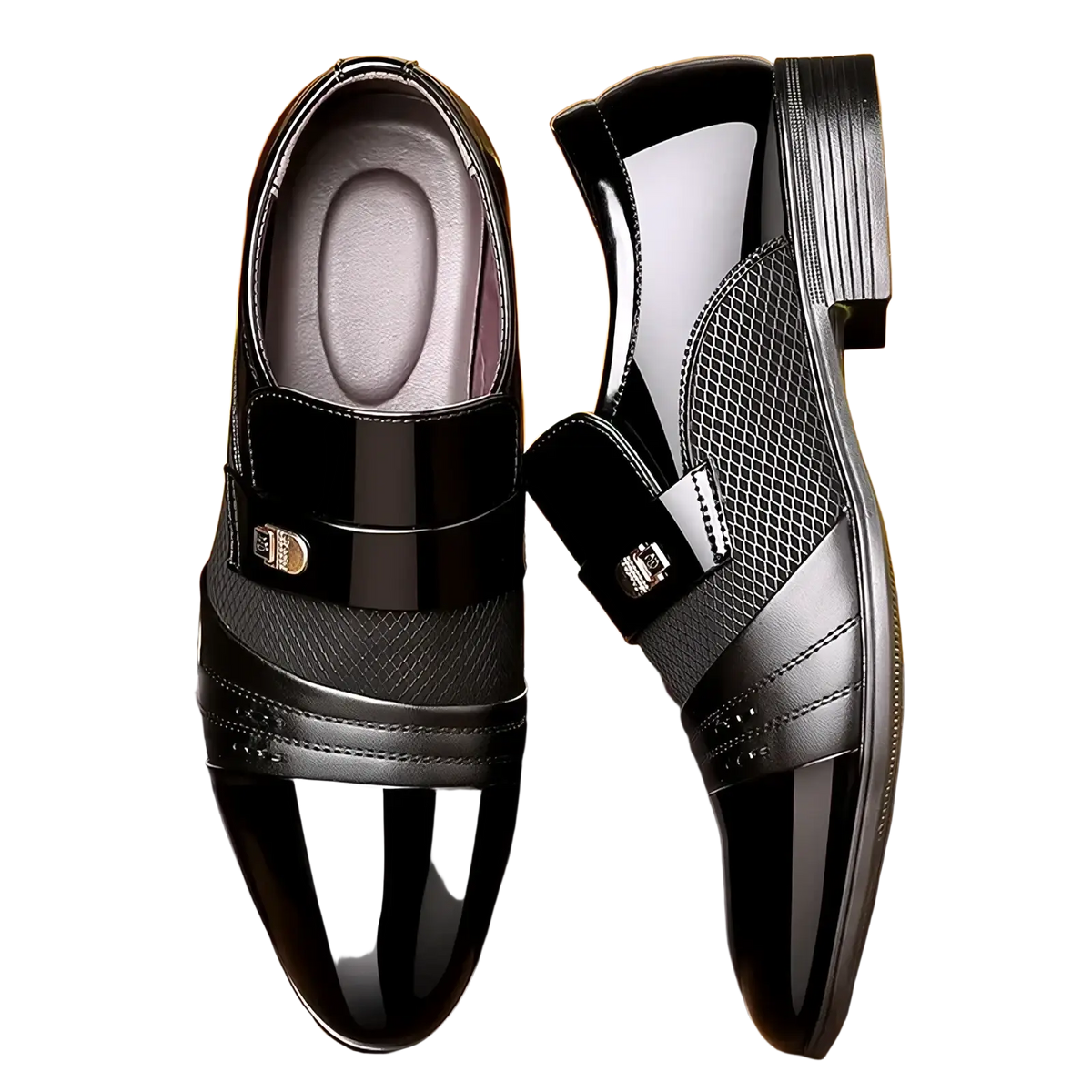 Men’s luxury pointed toe dress shoes in black patent leather and mesh with glossy toe cap and metallic buckles