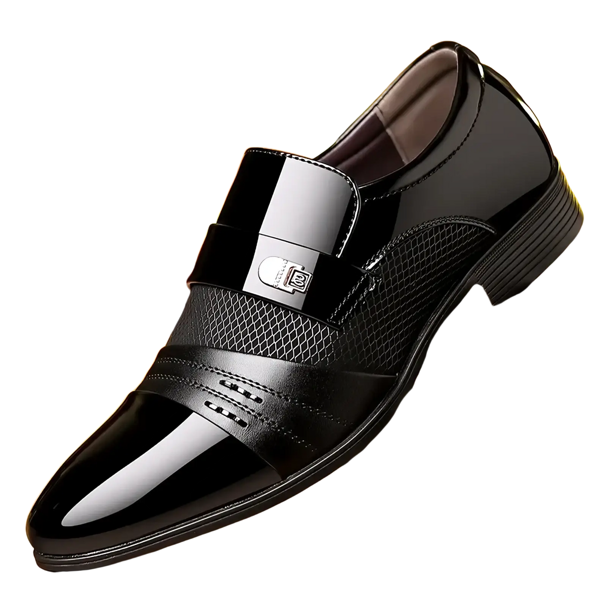 Men’s luxury pointed toe dress shoes in black patent leather with glossy finish mesh paneling and silver buckle strap