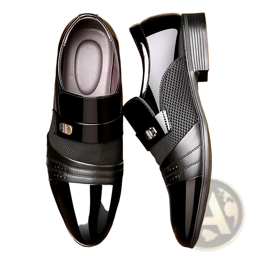 Men’s luxury pointed toe dress shoes in black patent leather and mesh with glossy toe cap and metallic buckles