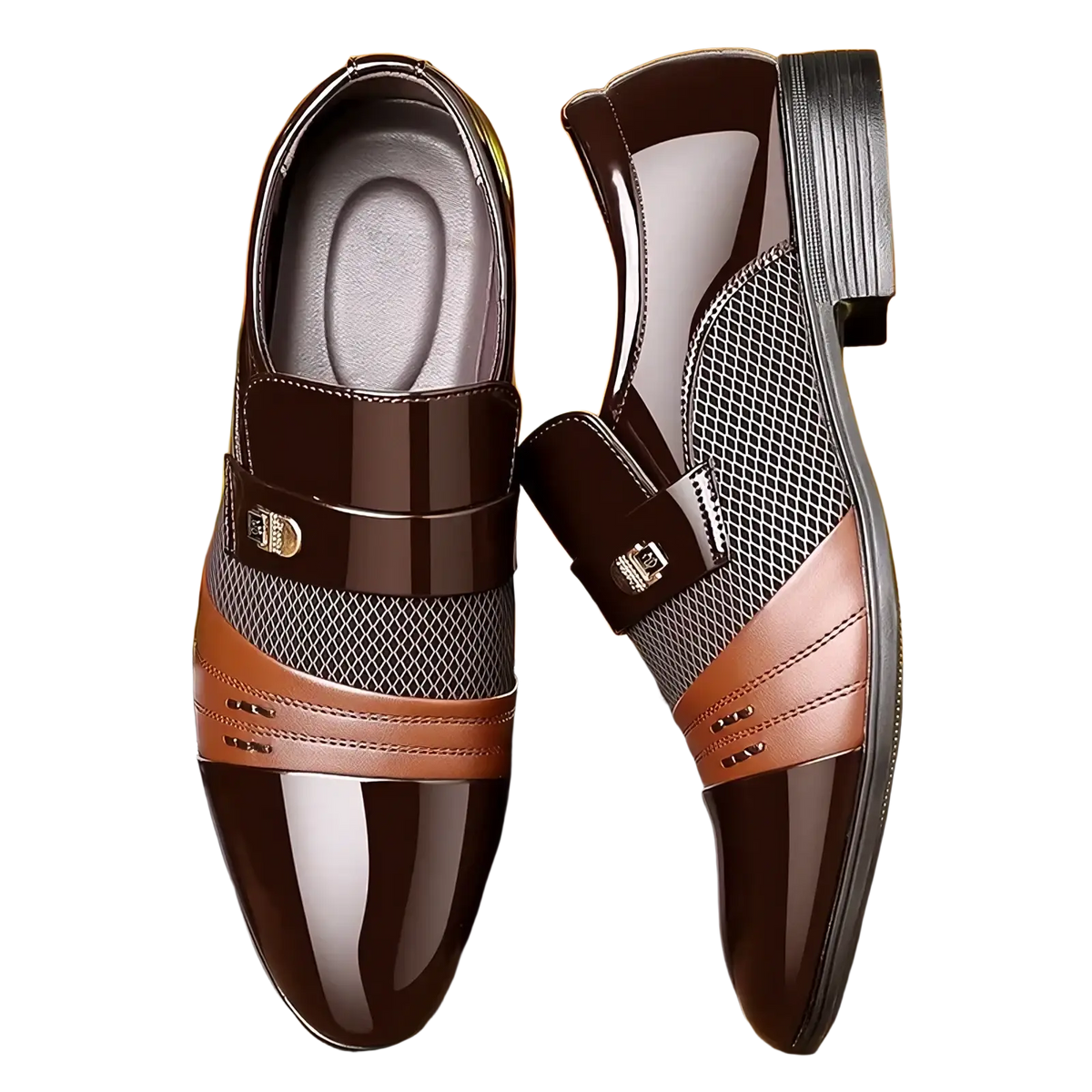 Men’s luxury pointed toe dress shoes in brown and tan leather with glossy finish mesh paneling and metallic buckle accents