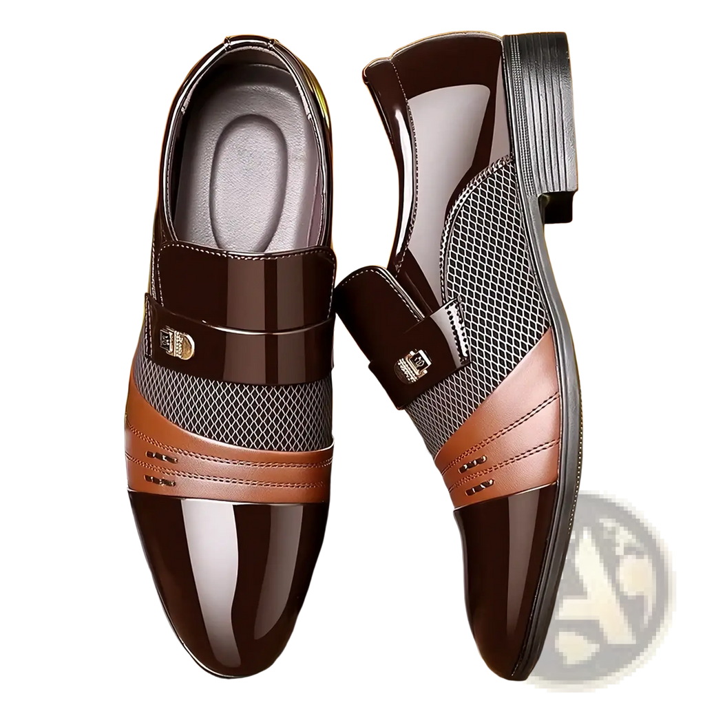 Men’s luxury pointed toe dress shoes in brown and tan leather with glossy finish mesh paneling and metallic buckle accents