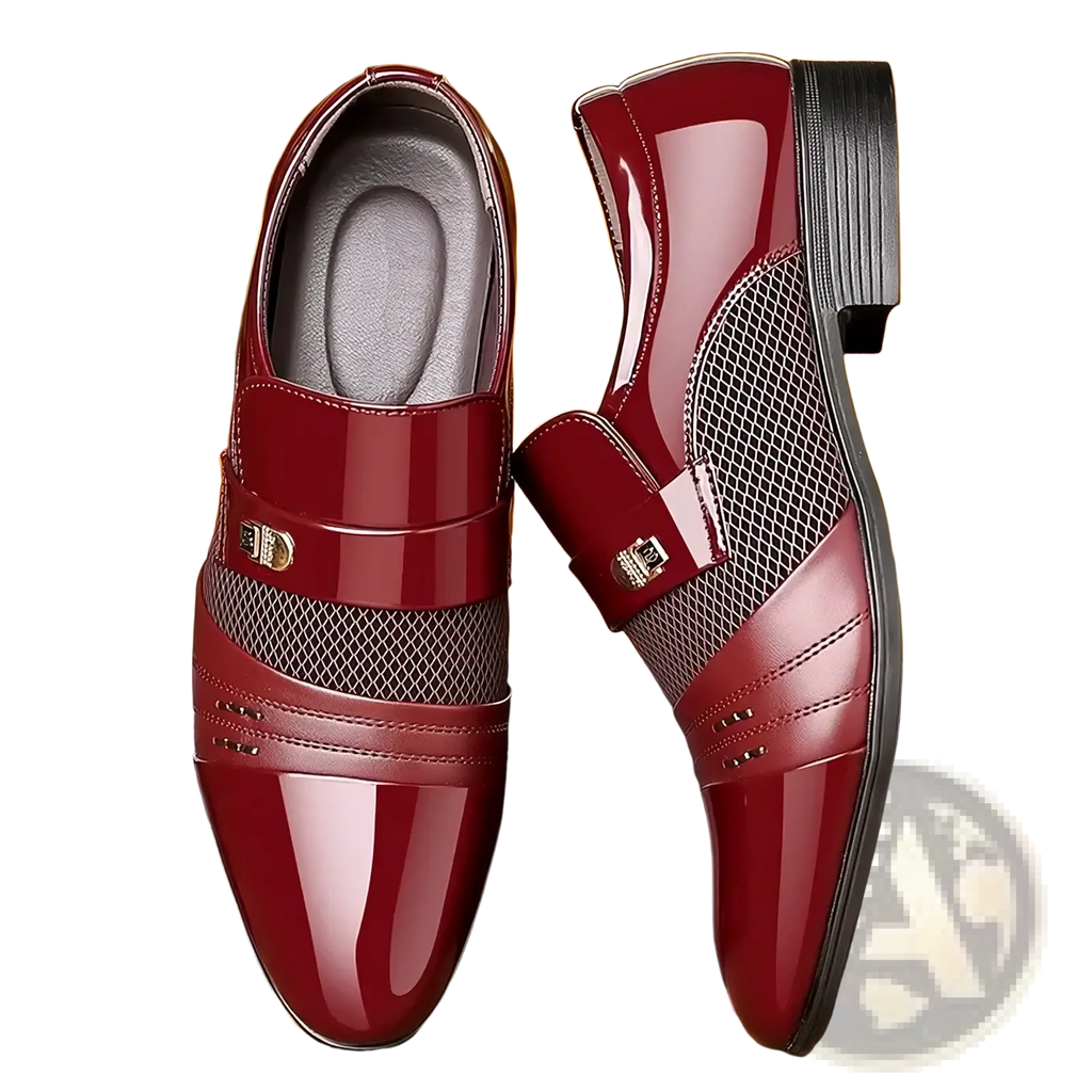 Men’s luxury pointed toe dress shoes in polished burgundy leather with mesh panels and metallic buckles