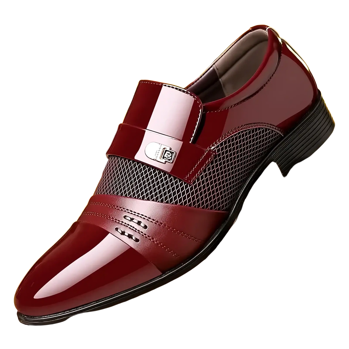 Men’s luxury pointed toe dress shoe in shiny burgundy leather with mesh panel and silver buckle detail