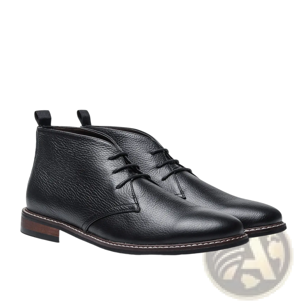 Men’s lychee pattern cowhide Chelsea Martin boots in black leather with pebbled texture and white sole stitching