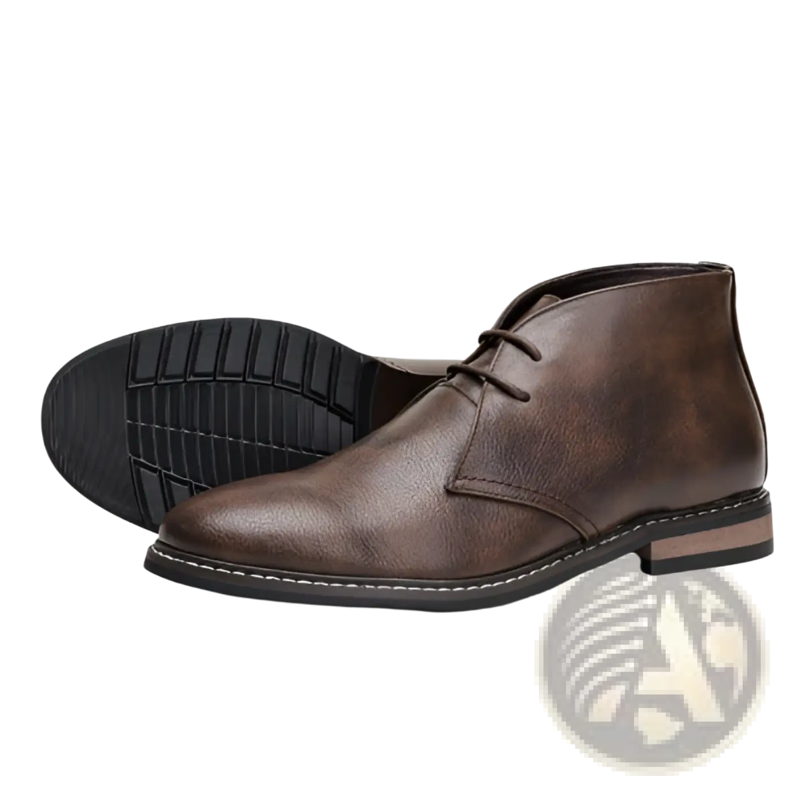 Men’s lychee pattern cowhide chukka boot in brown leather with black rubber sole and white stitching