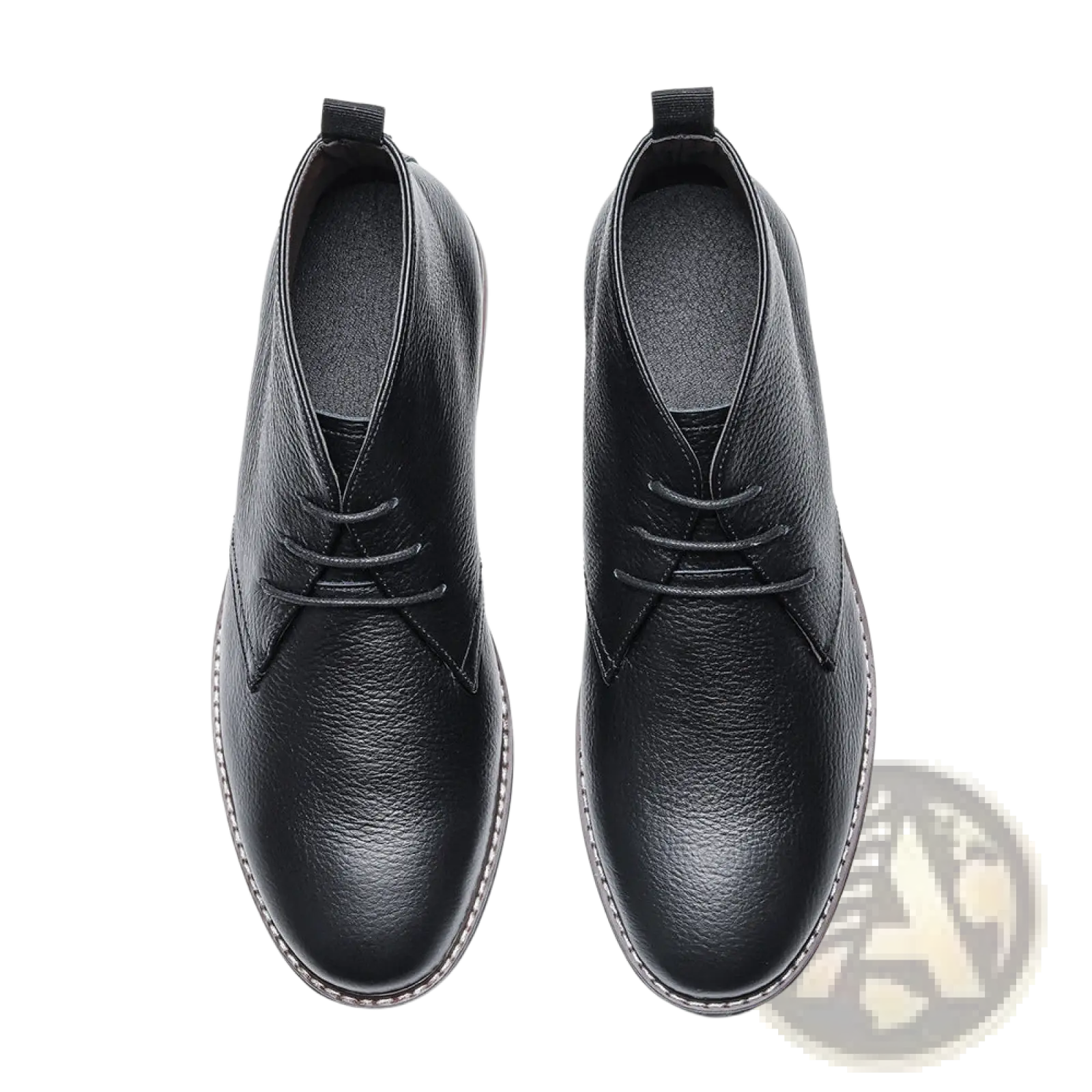 Men’s lychee pattern cowhide Chelsea Martin boots in black leather with textured surface and white stitching along sole