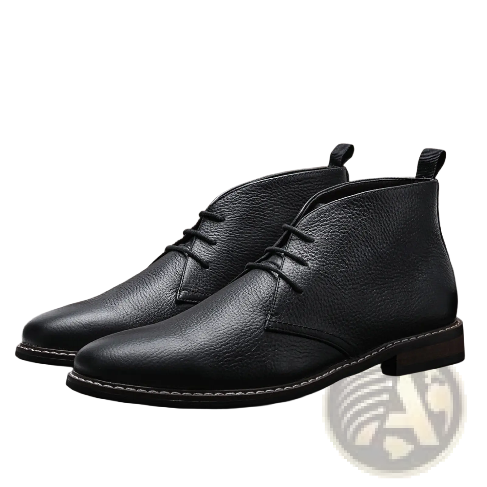 Men’s lychee pattern cowhide Chelsea Martin boots in black leather with textured surface and white stitching along sole