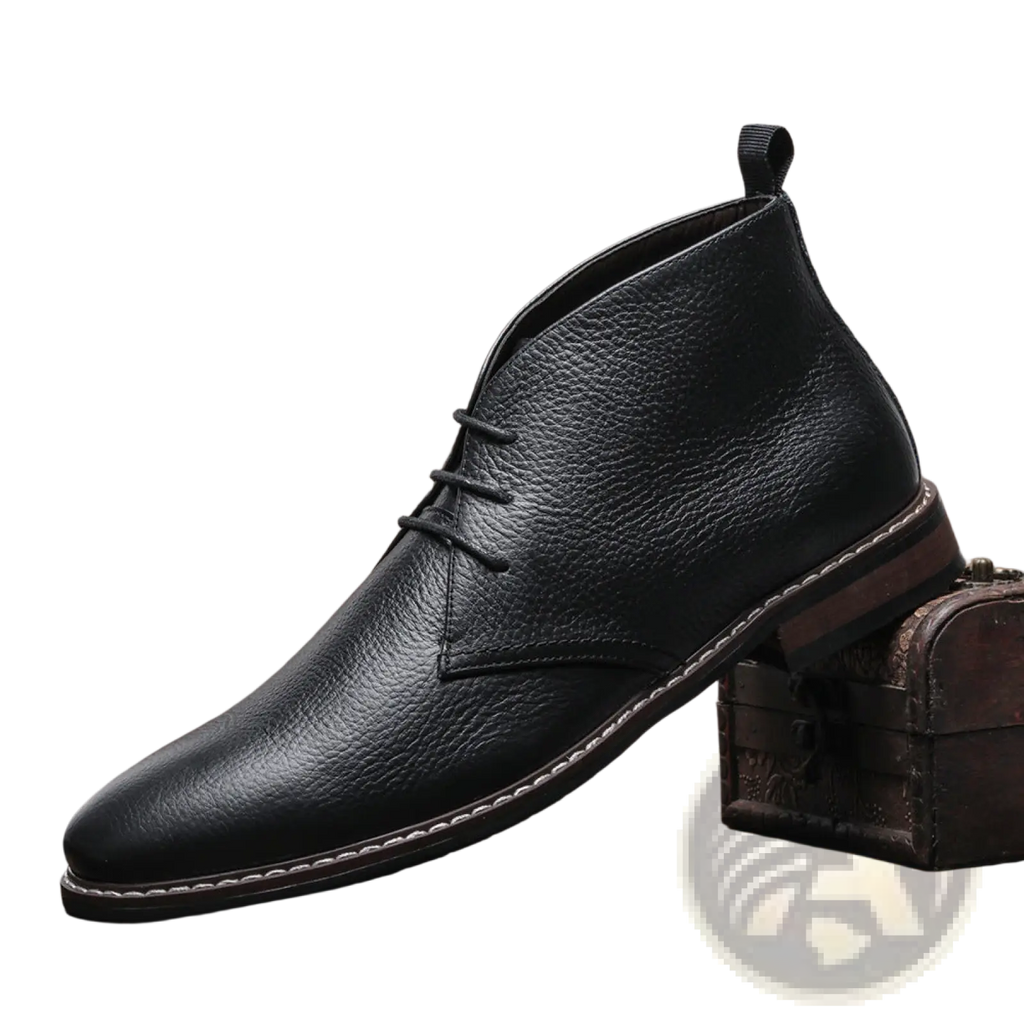 Men’s lychee pattern cowhide Chelsea Martin boot in black leather with textured surface and white stitching along sole