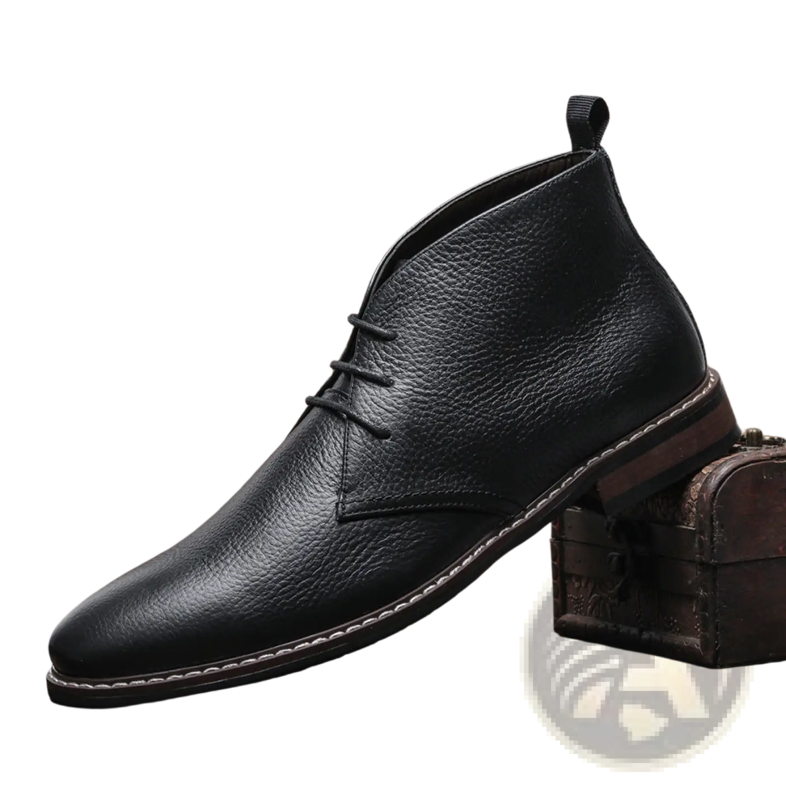 Men’s lychee pattern cowhide Chelsea Martin boot in black leather with textured surface and white stitching along sole