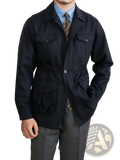 Navy blue men’s lyocell blend utility safari jacket with classic collar button closures and four flap pockets