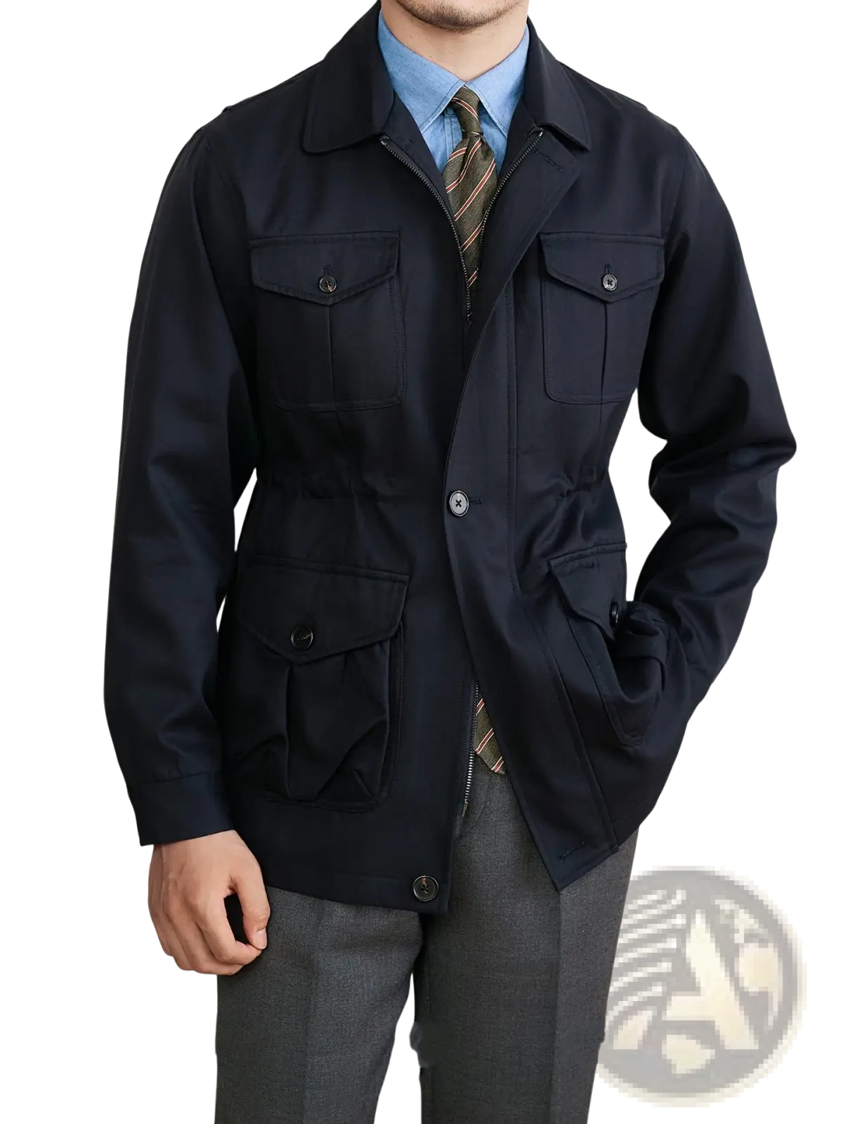 Navy blue men’s lyocell blend utility safari jacket with classic collar button closures and four flap pockets