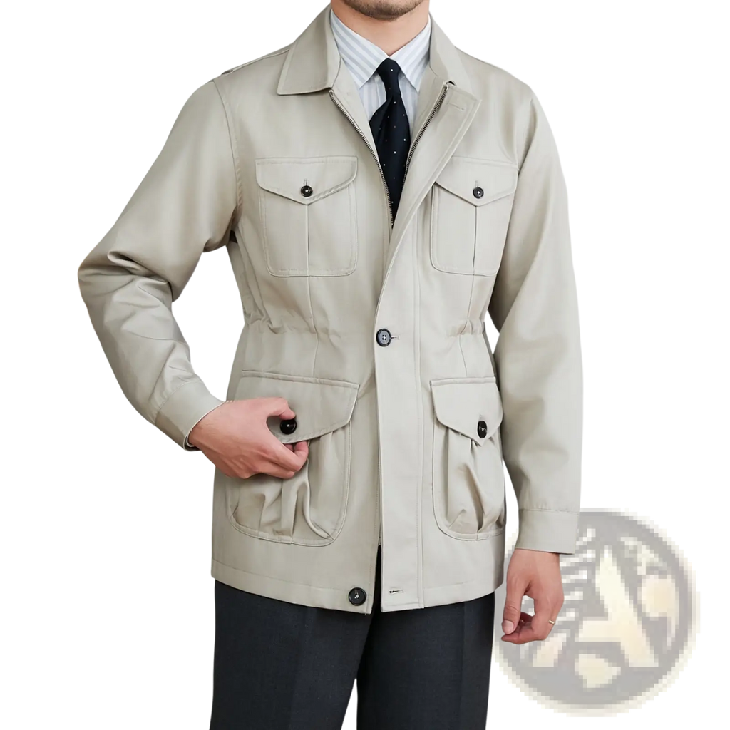 Men’s beige lyocell blend utility safari jacket with black buttons and flap pockets