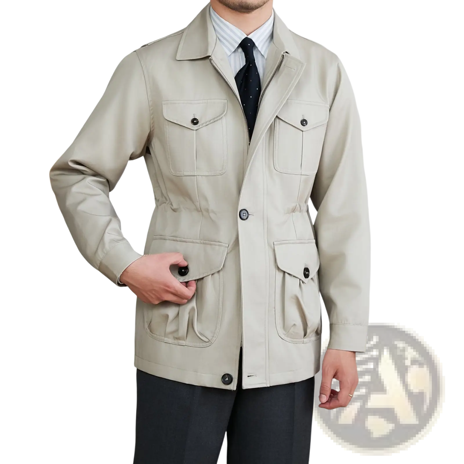 Men’s beige lyocell blend utility safari jacket with black buttons and flap pockets