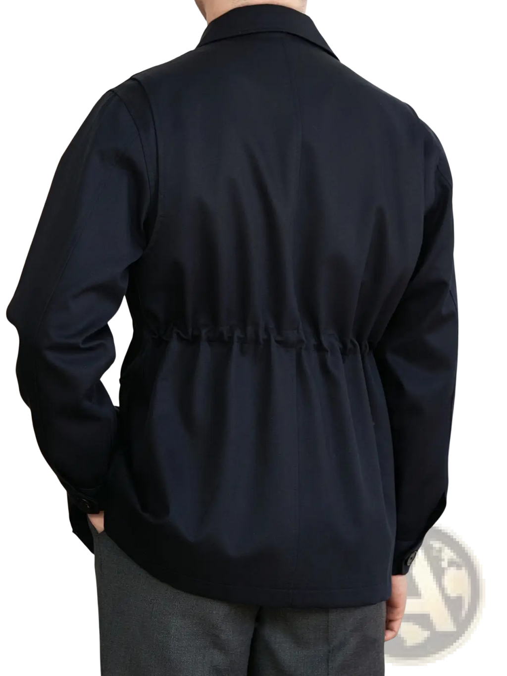 Black men’s lyocell blend utility safari jacket with flap pockets featuring a tailored fit and subtle sheen