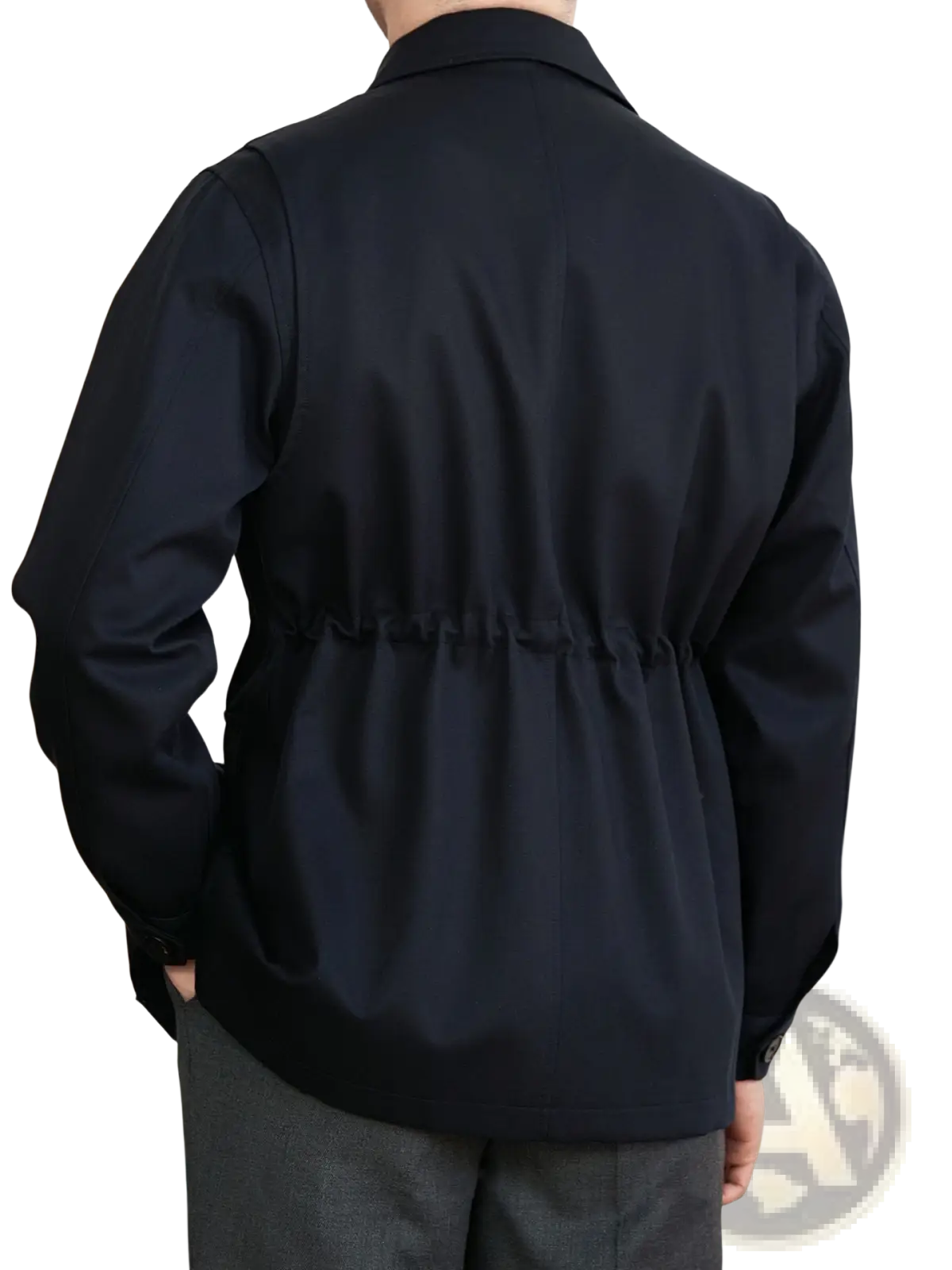 Black men’s lyocell blend utility safari jacket with flap pockets featuring a tailored fit and subtle sheen