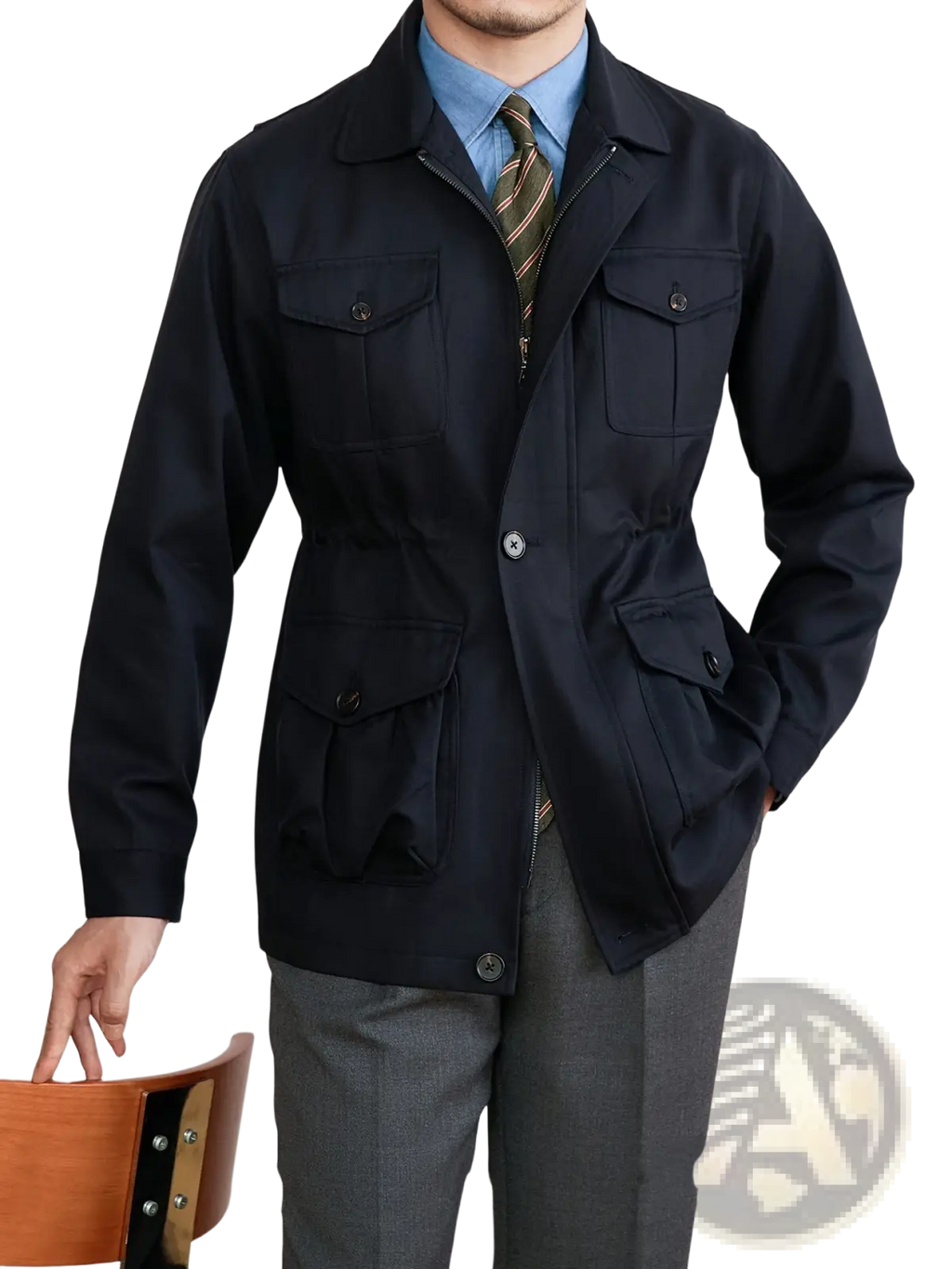 Men’s dark navy blue lyocell blend utility safari jacket with flap pockets chest and lower button closures
