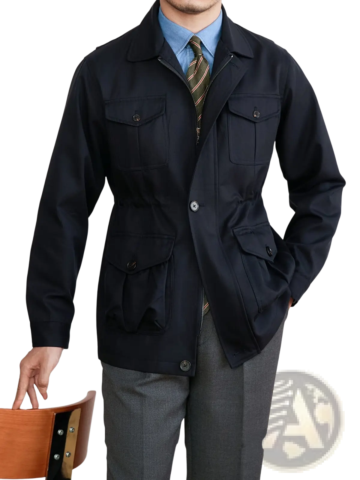 Men’s dark navy blue lyocell blend utility safari jacket with flap pockets chest and lower button closures