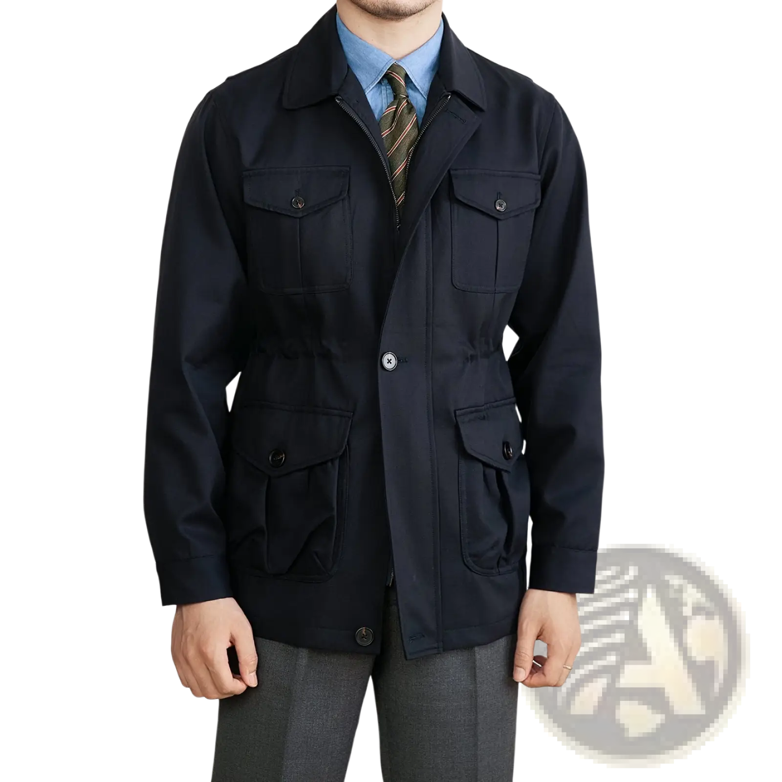 Men’s navy blue lyocell blend utility safari jacket with multiple flap pockets and central zipper closure