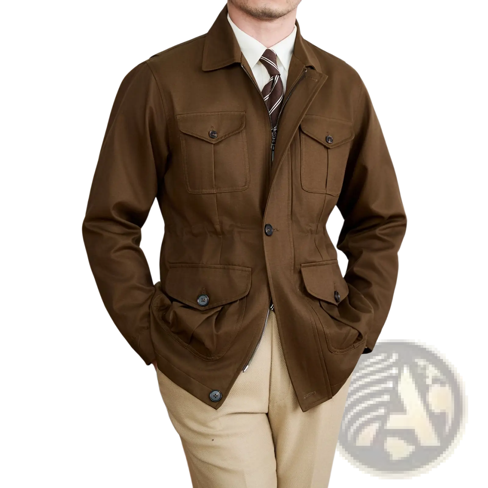 Men’s brown lyocell blend utility safari jacket with four flap pockets and dark buttons for versatile wear