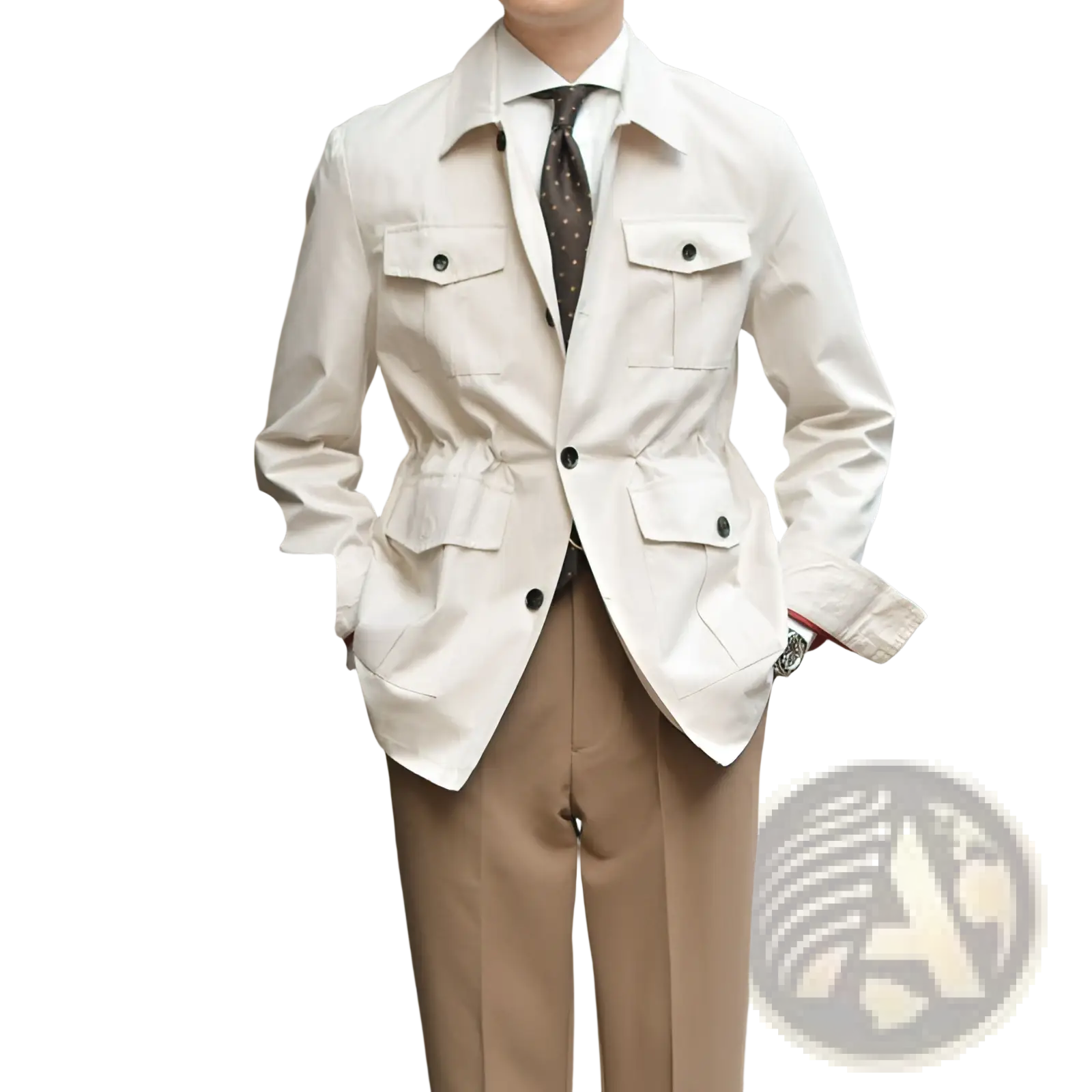 Beige men’s lyocell blend utility safari jacket with flap pockets and black buttons in a trench coat style
