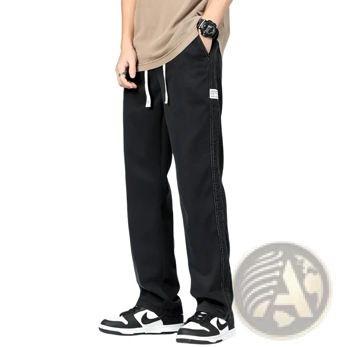 Men’s lyocell black tapered cargo pants with white drawstrings and a side seam patch for casual wear