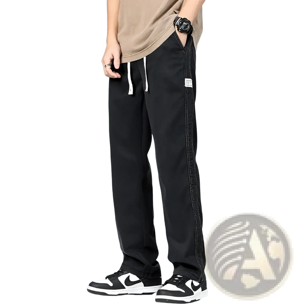 Men’s black lyocell casual loose straight cargo pants with white drawstrings and vertical seam detail