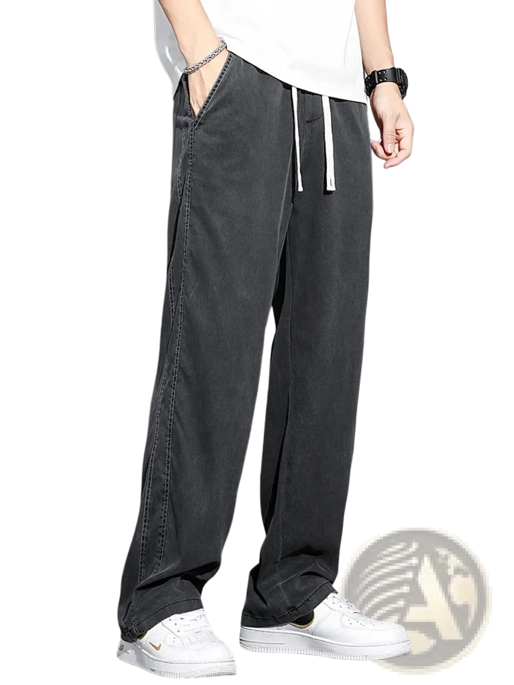 Men’s lyocell casual loose straight black wide-leg pants with white drawstrings and visible side seam stitching