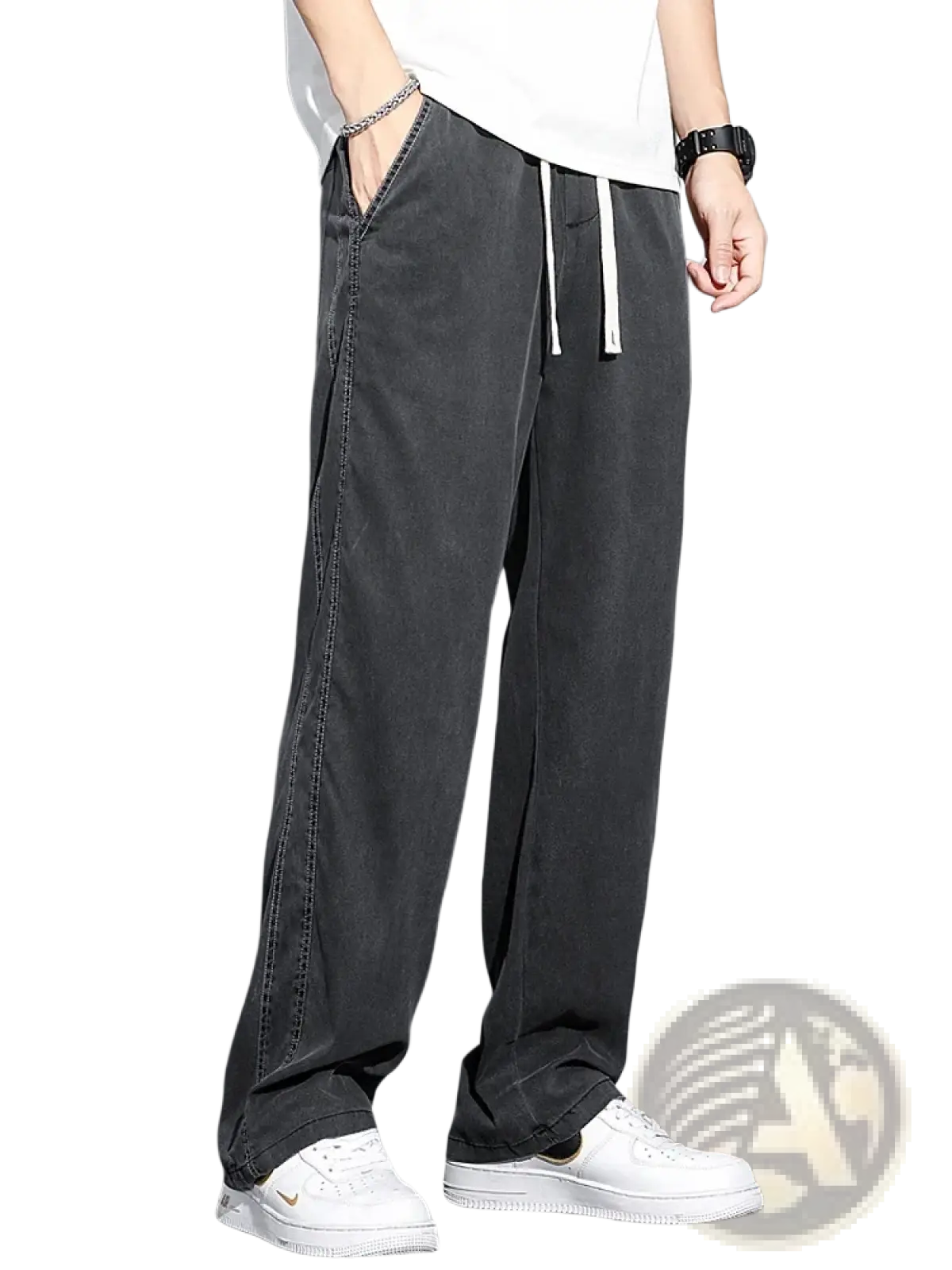Men’s lyocell casual loose straight black wide-leg pants with white drawstrings and visible side seam stitching