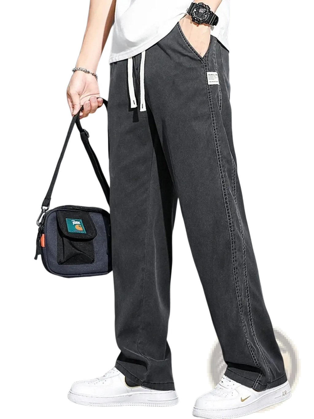 Men’s black lyocell casual loose wide-leg denim pants with white drawstrings and small side seam label