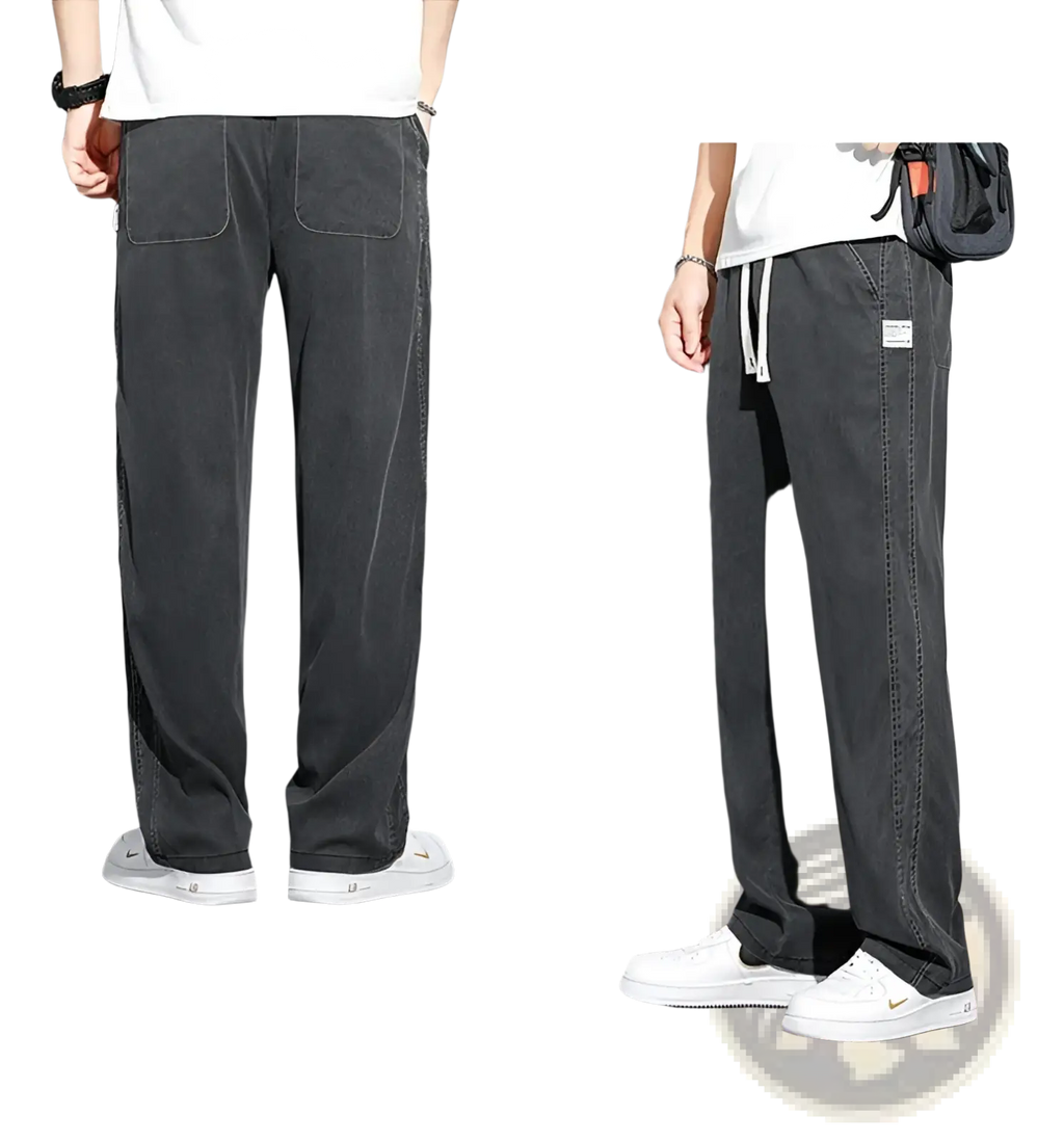 Men’s lyocell casual loose straight drawstring pants in dark gray corduroy with relaxed cut and visible stitching details