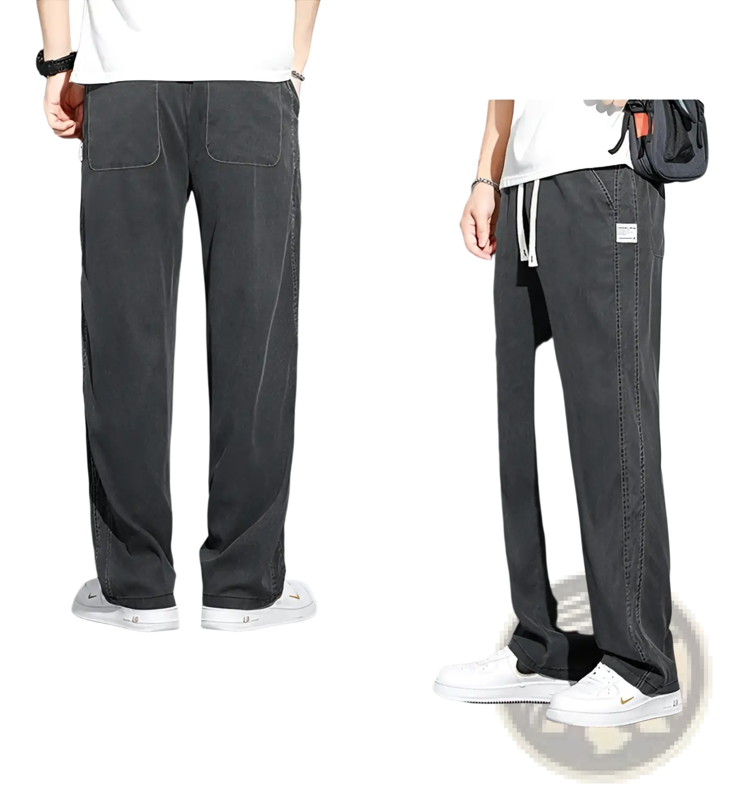 Men’s lyocell casual loose straight drawstring pants in dark gray corduroy with relaxed cut and visible stitching details