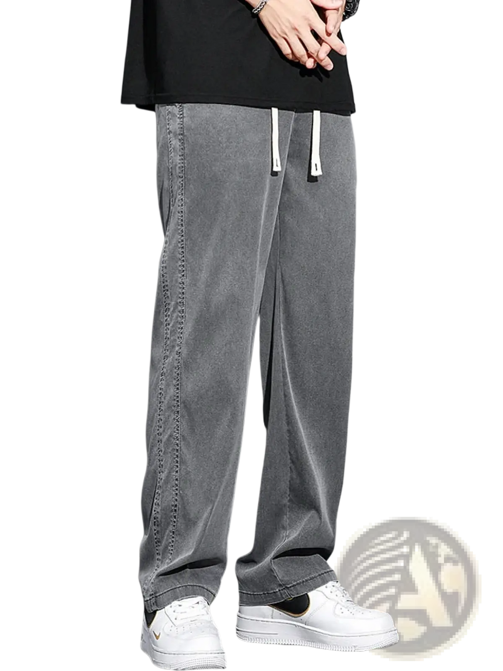 Men’s gray lyocell casual loose straight pants with white drawstrings and visible side seam stitching